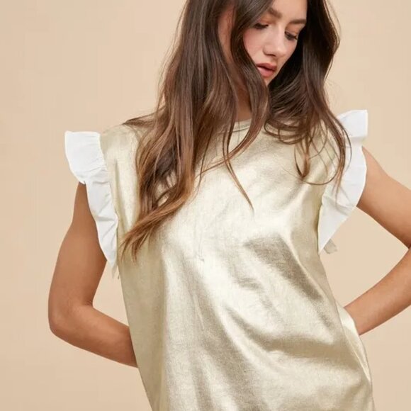 ✨NWT Annie Wear Mix Media Metallic Knit Ruffle Sleeve Top - Picture 1 of 8